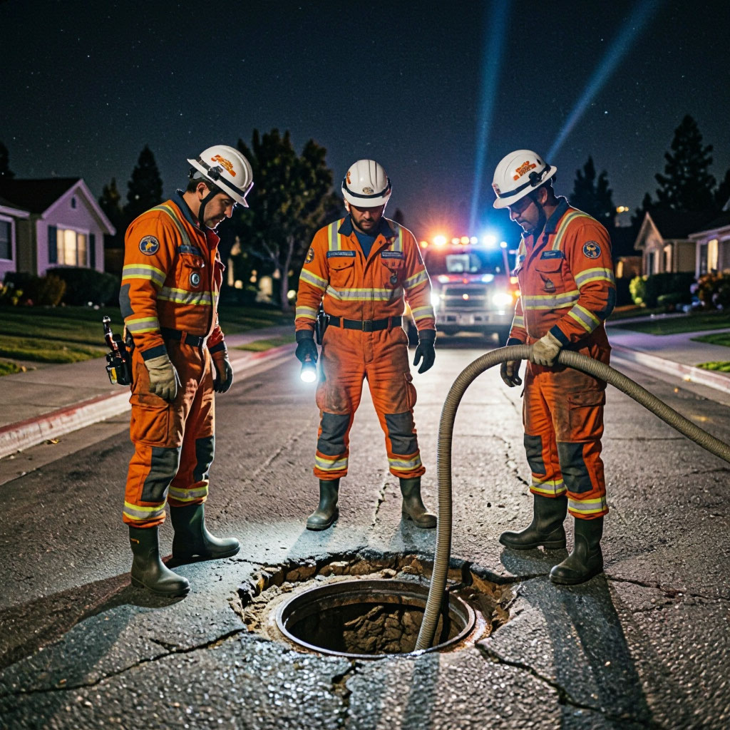 Emergency septic service response at night in Corona, CA
