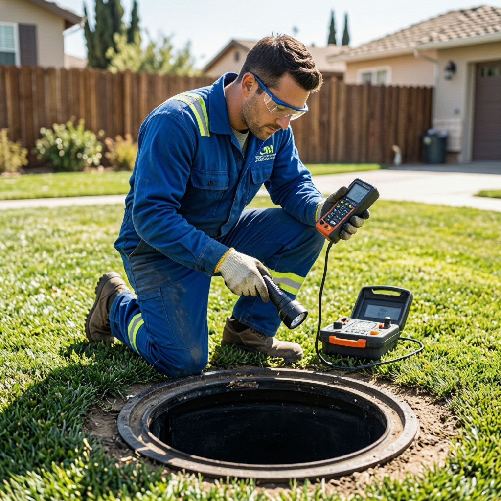Septic repair technician diagnosing system components in Corona, CA