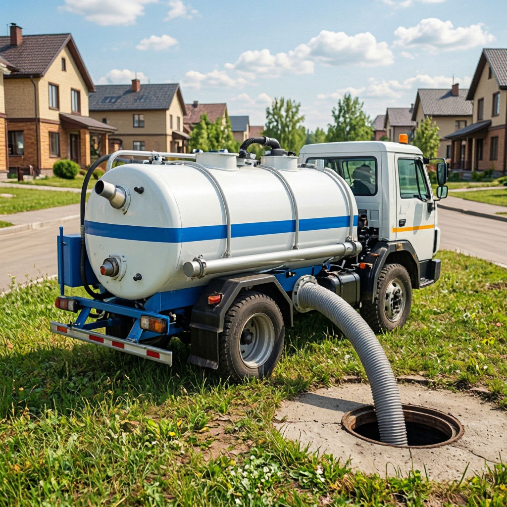 Vacuum truck pumping a residential septic tank