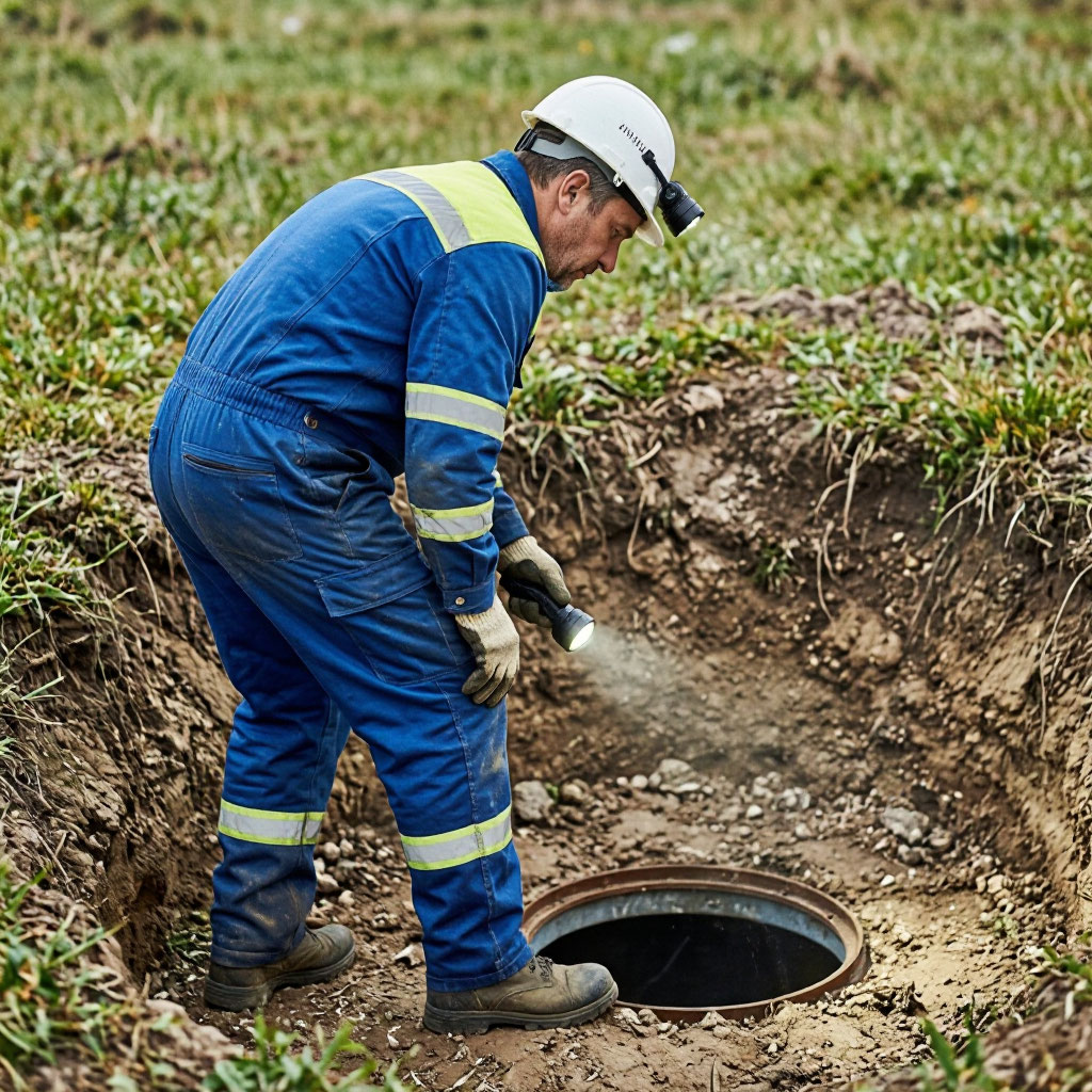 Technician inspecting septic system components